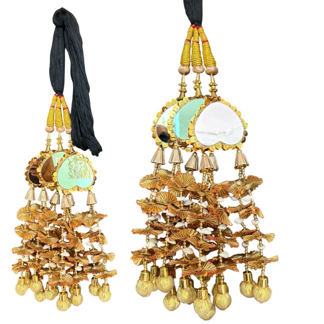 Golden Mirror Work Paranda with Ghunghroo – Traditional Punjabi Hair Accessory