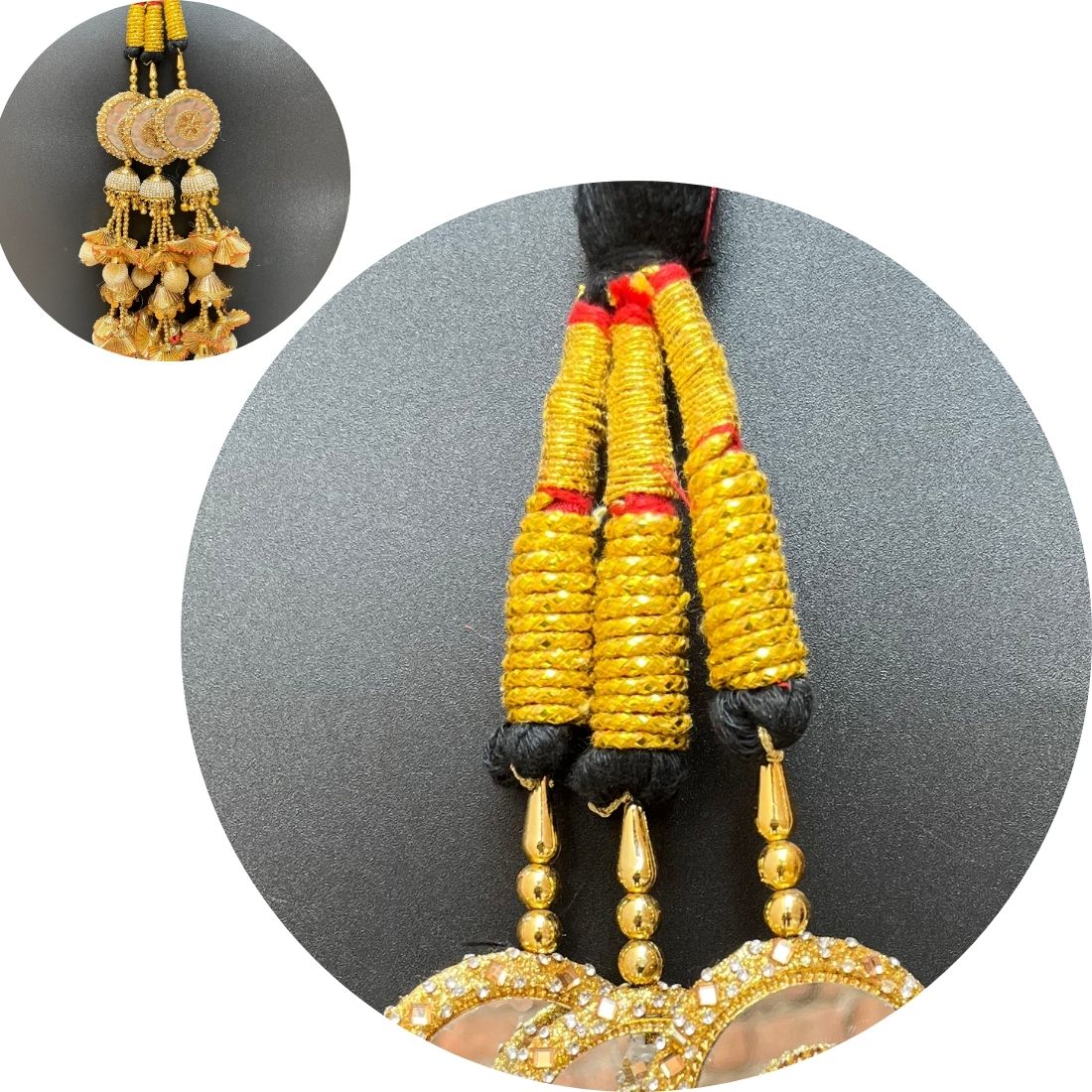 Golden Stone & Mirror Work Paranda with Heavy Jhumka Layers – Bridal Punjabi Hair Accessory