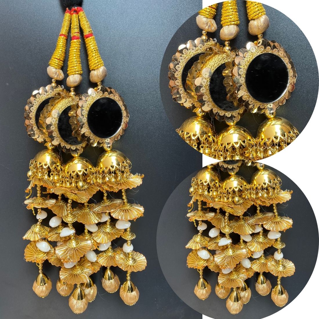 Black Mirror Heavy Golden Paranda with Jhumka & Pearl Detailing – Bridal Punjabi Hair Accessory