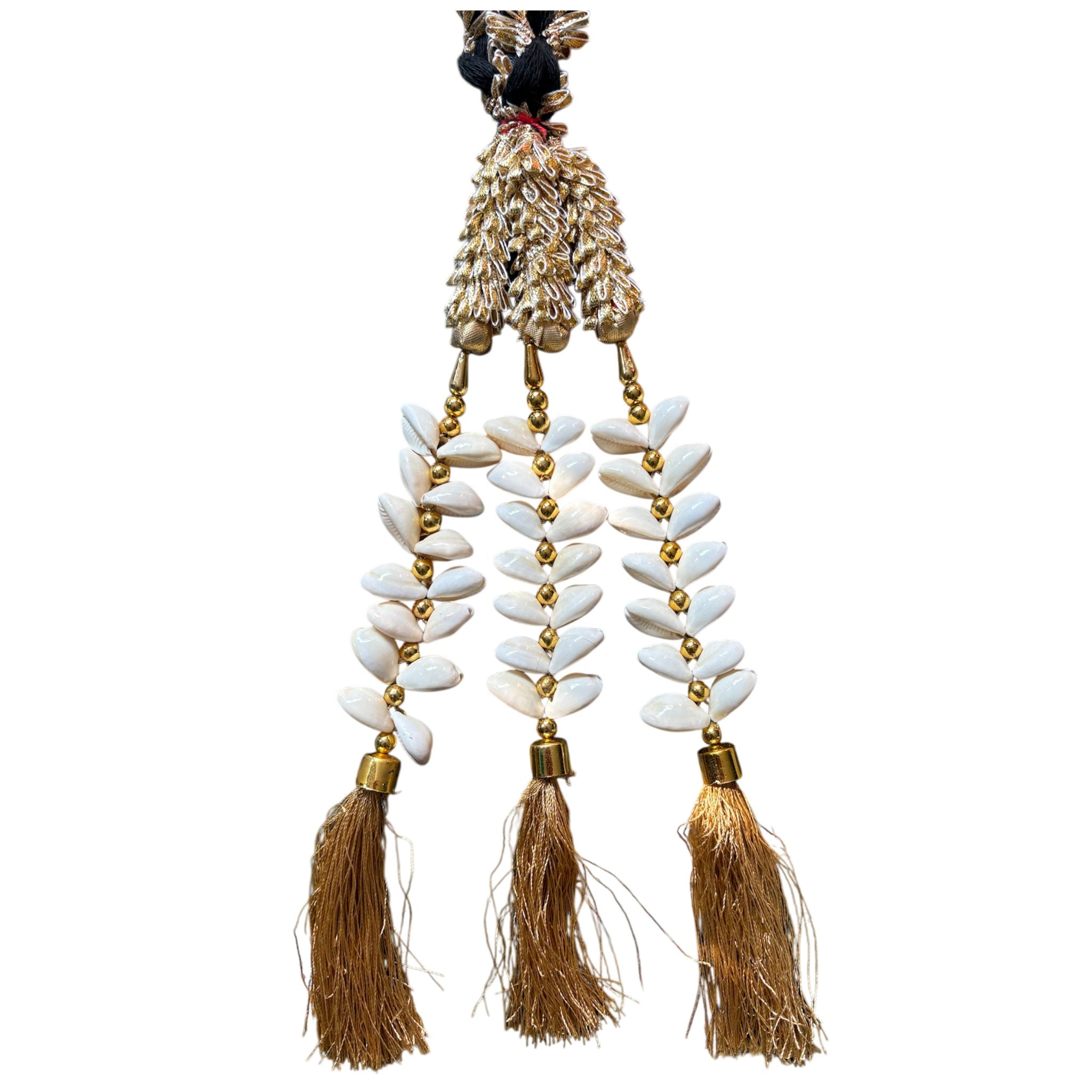 Heerify Elegant Shell Pearl Tassel Paranda with Golden Zari Work | Traditional Punjabi Hair Accessory for Festive & Wedding Wear