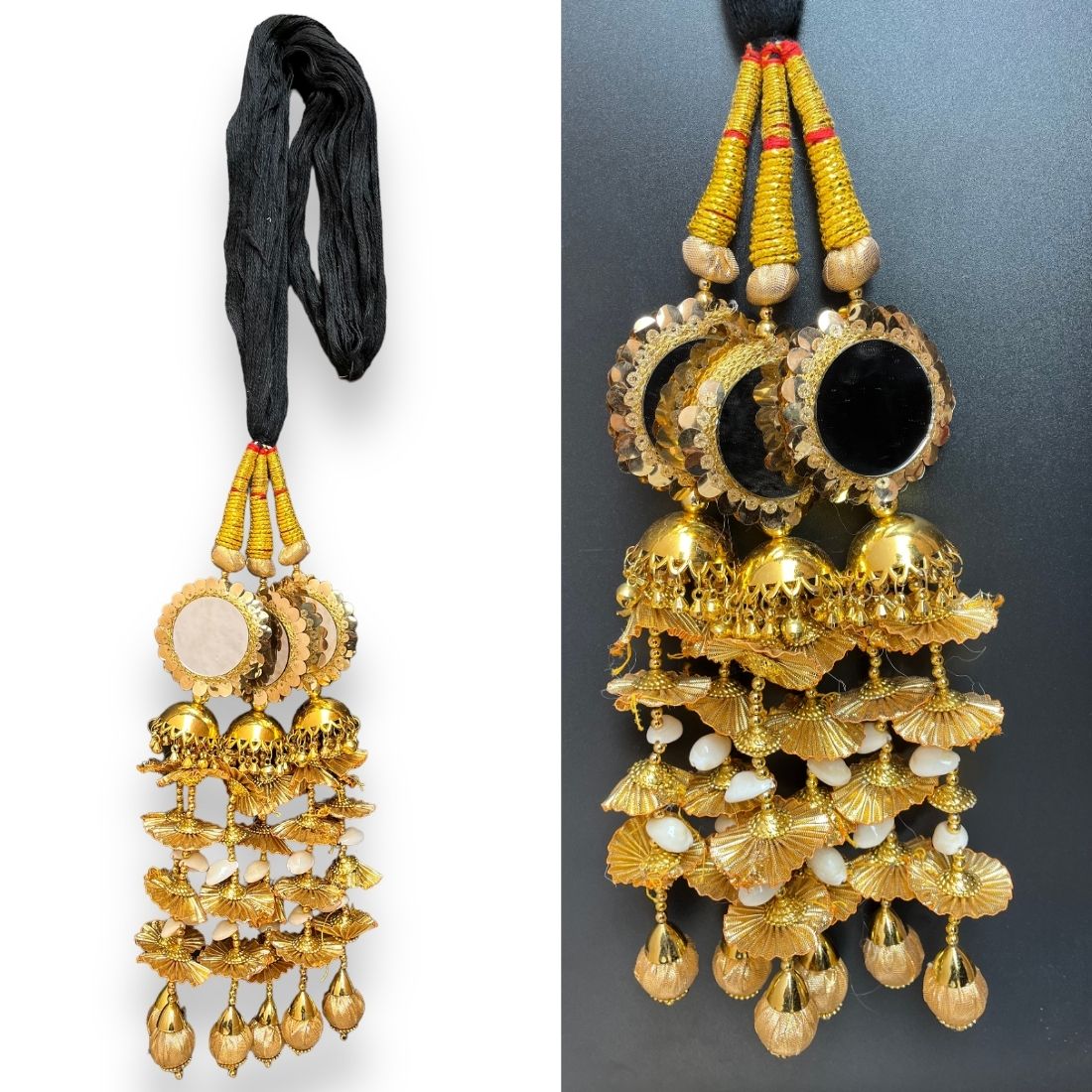 Black Mirror Heavy Golden Paranda with Jhumka & Pearl Detailing – Bridal Punjabi Hair Accessory