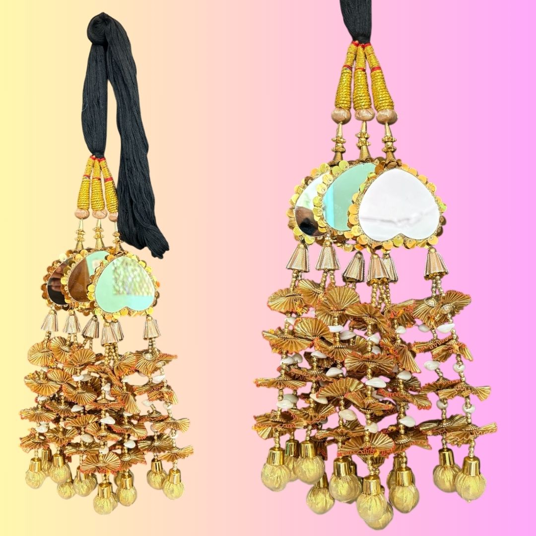 Golden Mirror Work Paranda with Ghunghroo – Traditional Punjabi Hair Accessory