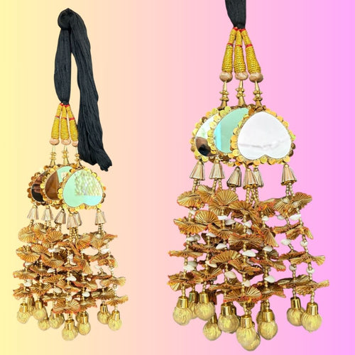 Golden Mirror Work Paranda with Ghunghroo – Traditional Punjabi Hair Accessory