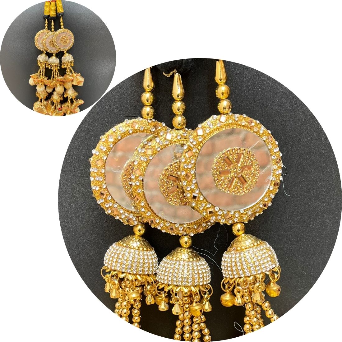 Golden Stone & Mirror Work Paranda with Heavy Jhumka Layers – Bridal Punjabi Hair Accessory