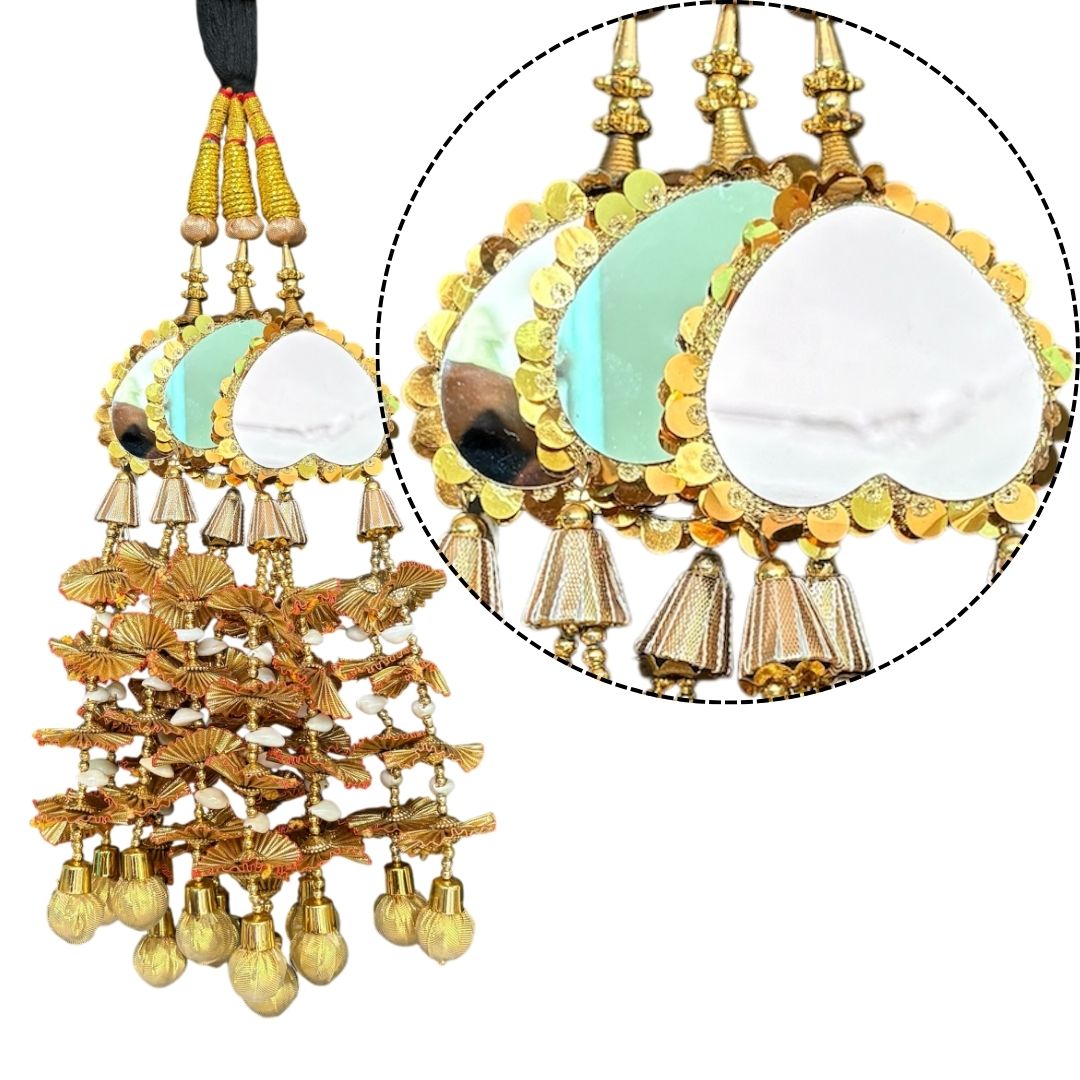 Golden Mirror Work Paranda with Ghunghroo – Traditional Punjabi Hair Accessory