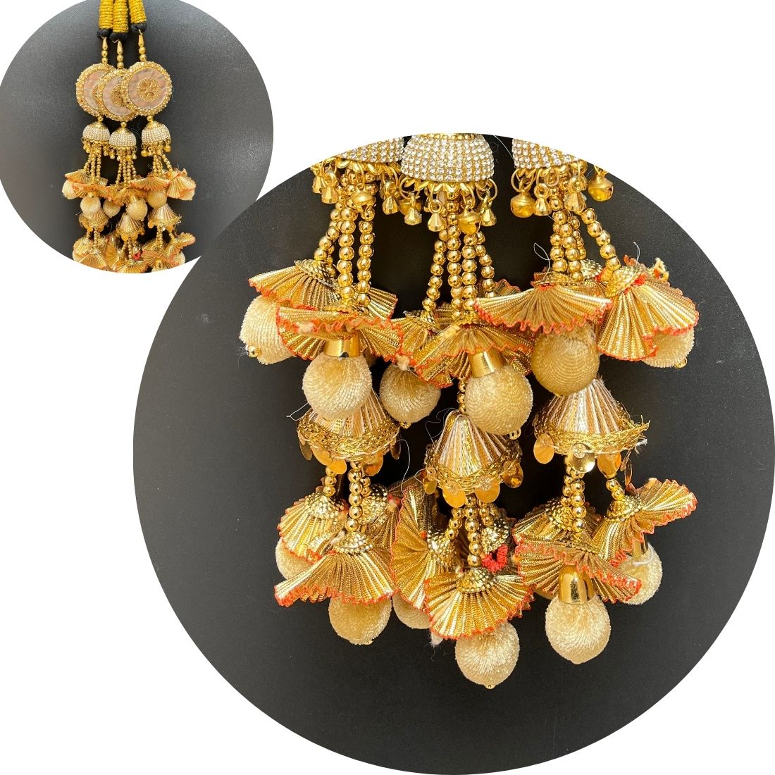 Golden Stone & Mirror Work Paranda with Heavy Jhumka Layers – Bridal Punjabi Hair Accessory