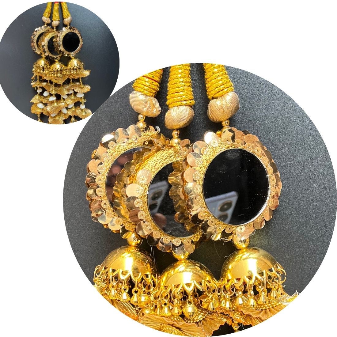 Black Mirror Heavy Golden Paranda with Jhumka & Pearl Detailing – Bridal Punjabi Hair Accessory