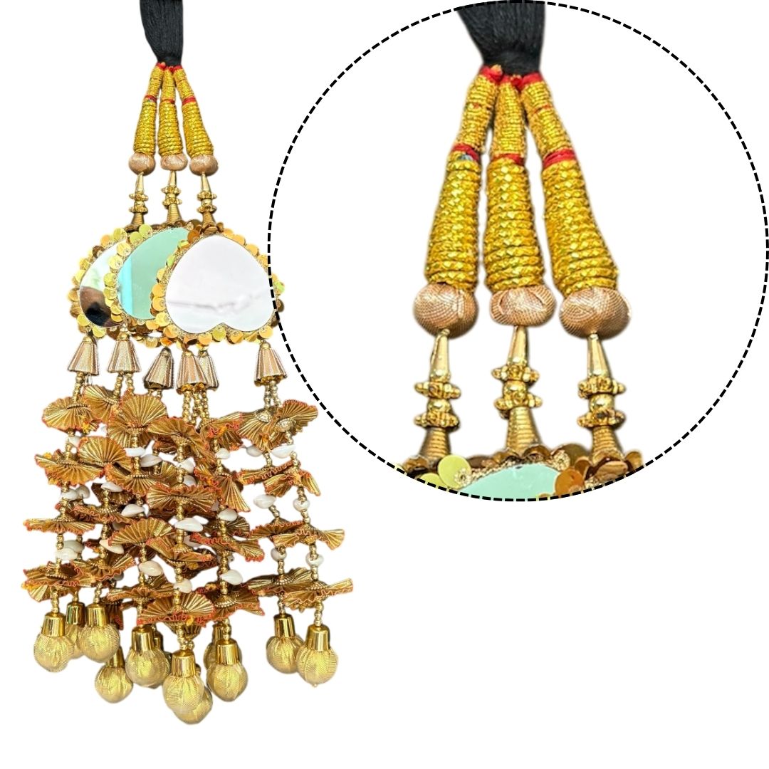 Golden Mirror Work Paranda with Ghunghroo – Traditional Punjabi Hair Accessory