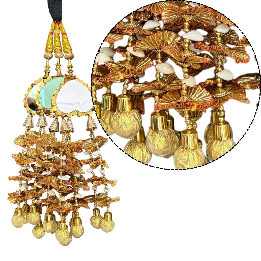 Golden Mirror Work Paranda with Ghunghroo – Traditional Punjabi Hair Accessory