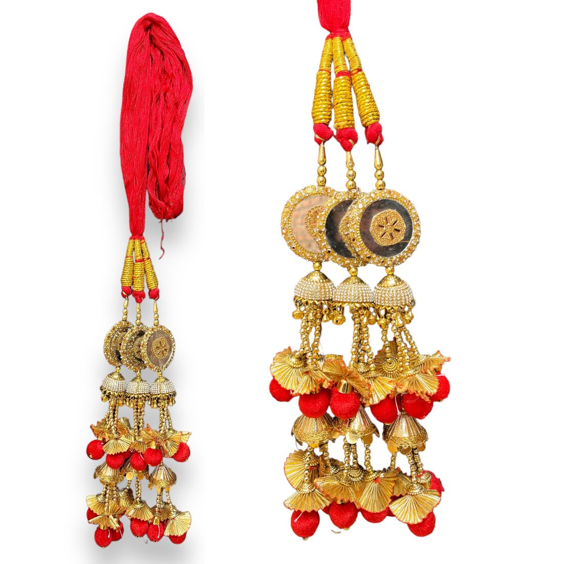 Golden Stone & Mirror Work Paranda with Heavy Jhumka Layers – Bridal Punjabi Hair Accessory