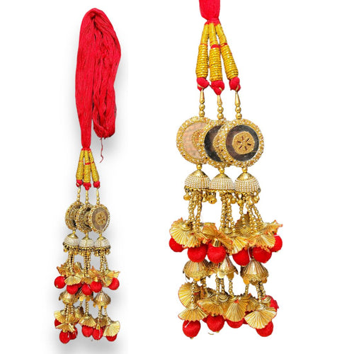Golden Stone & Mirror Work Paranda with Heavy Jhumka Layers – Bridal Punjabi Hair Accessory