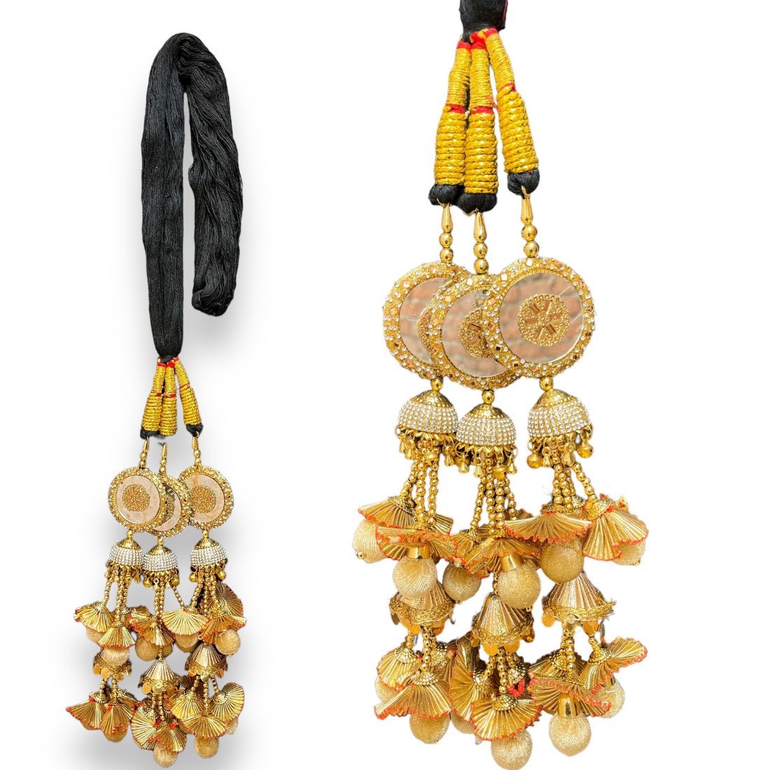 Golden Stone & Mirror Work Paranda with Heavy Jhumka Layers – Bridal Punjabi Hair Accessory