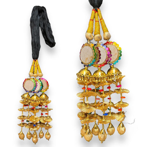 Black Mirror Heavy Golden Paranda with Jhumka & Pearl Detailing – Bridal Punjabi Hair Accessory