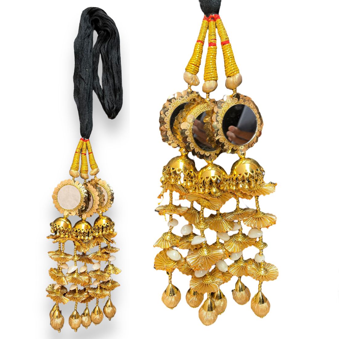 Black Mirror Heavy Golden Paranda with Jhumka & Pearl Detailing – Bridal Punjabi Hair Accessory