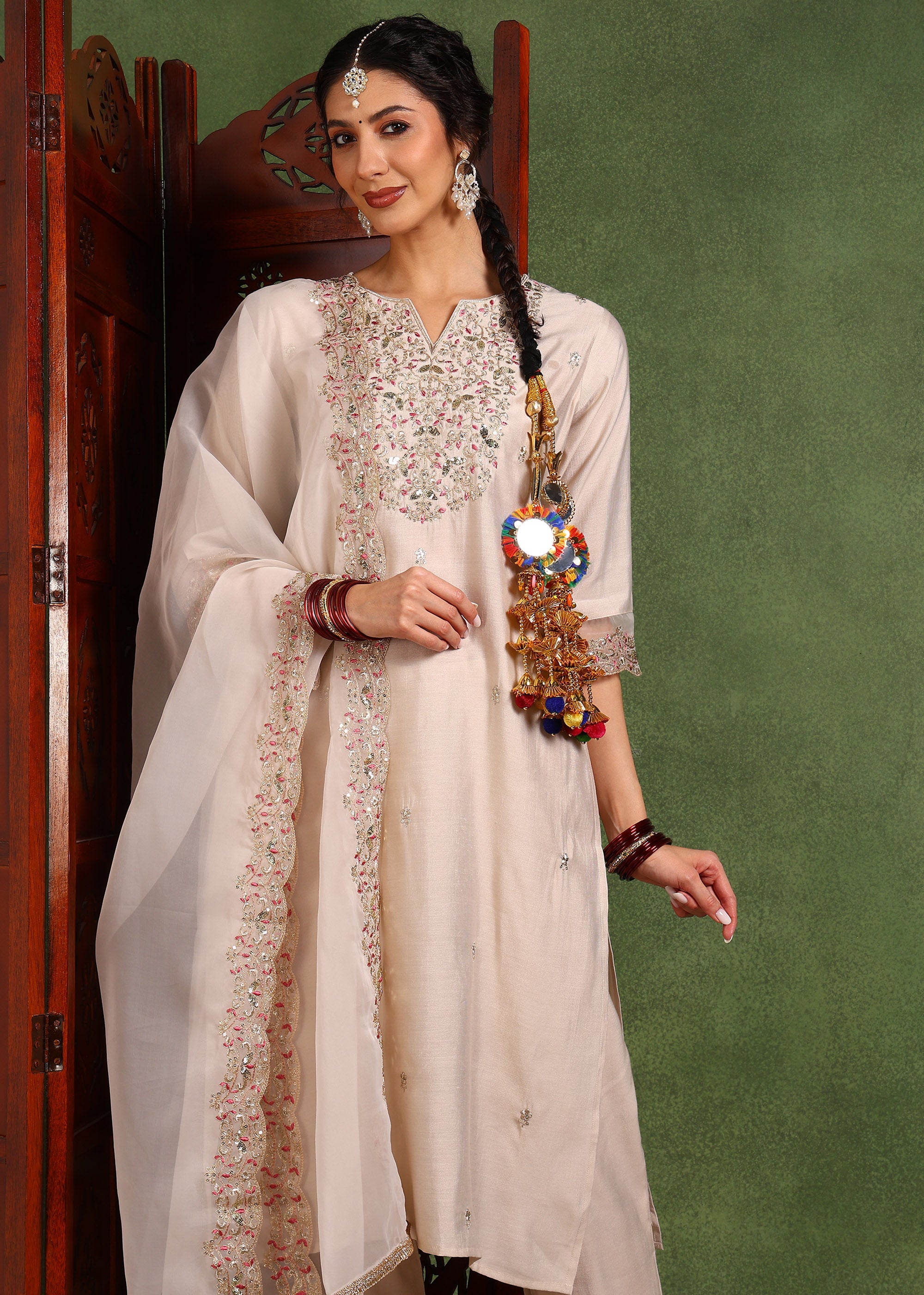 Heerify Colorful Mirror Punjabi Paranda – Multicolor Thread Work with Golden Jhumka Tassels | Patiala Shahi Parandi Hair Accessory