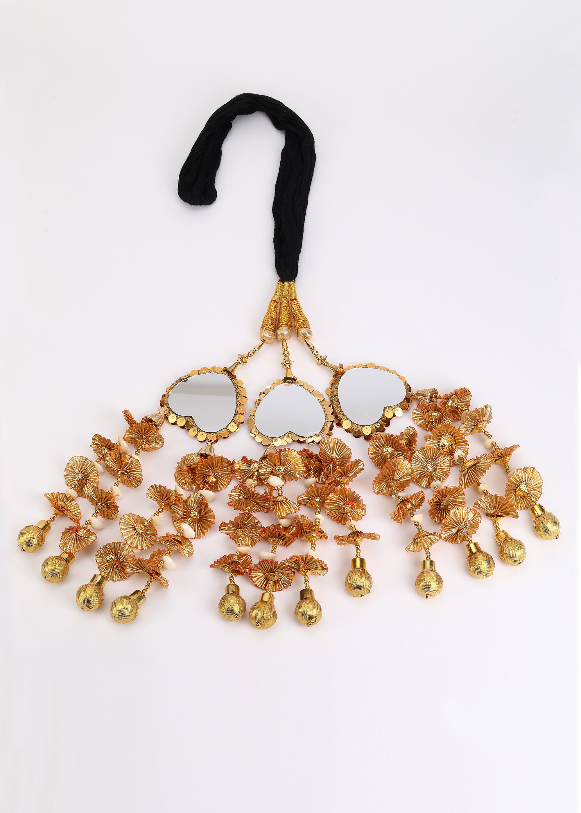 Heerify Heavy Golden Heart Mirror Punjabi Paranda – Gota Patti Floral Tassels with Latkan | Patiala Shahi Parandi Hair Accessory