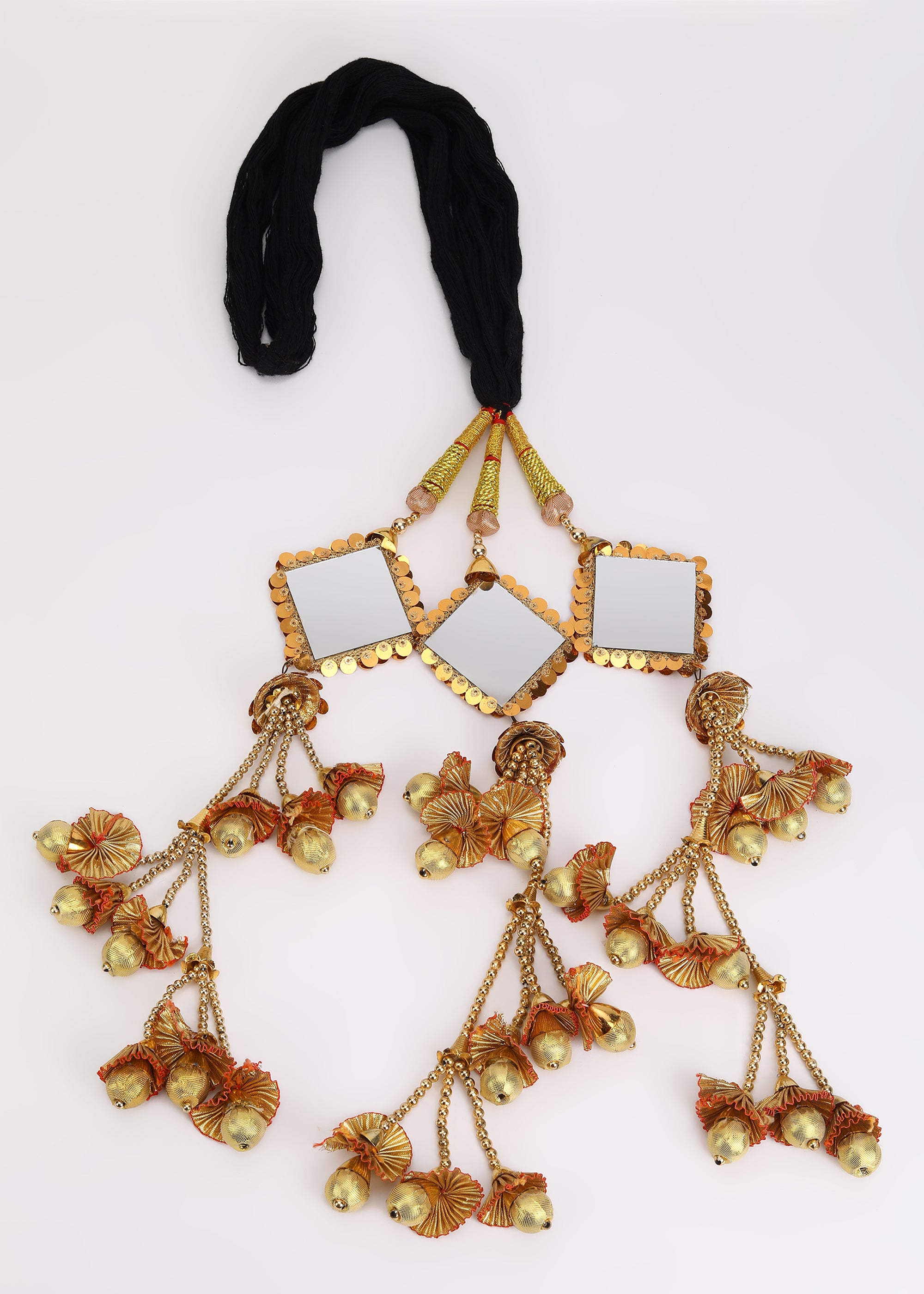 Heerify Heavy Golden Mirror Punjabi Paranda – Square Mirror Design with Gota Patti & Latkan Tassels | Patiala Shahi Parandi Hair Accessory