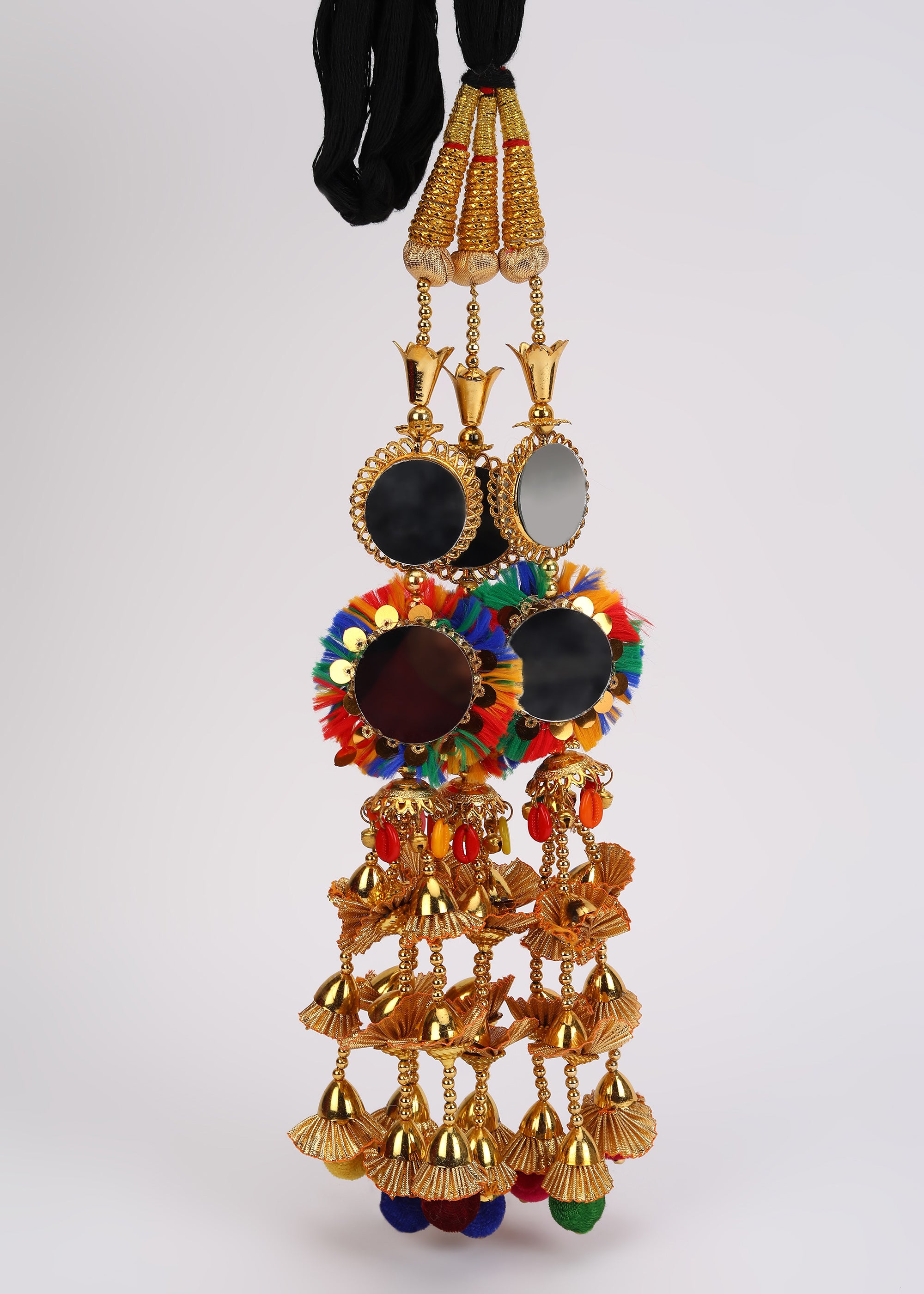 Heerify Colorful Mirror Punjabi Paranda – Multicolor Thread Work with Golden Jhumka Tassels | Patiala Shahi Parandi Hair Accessory