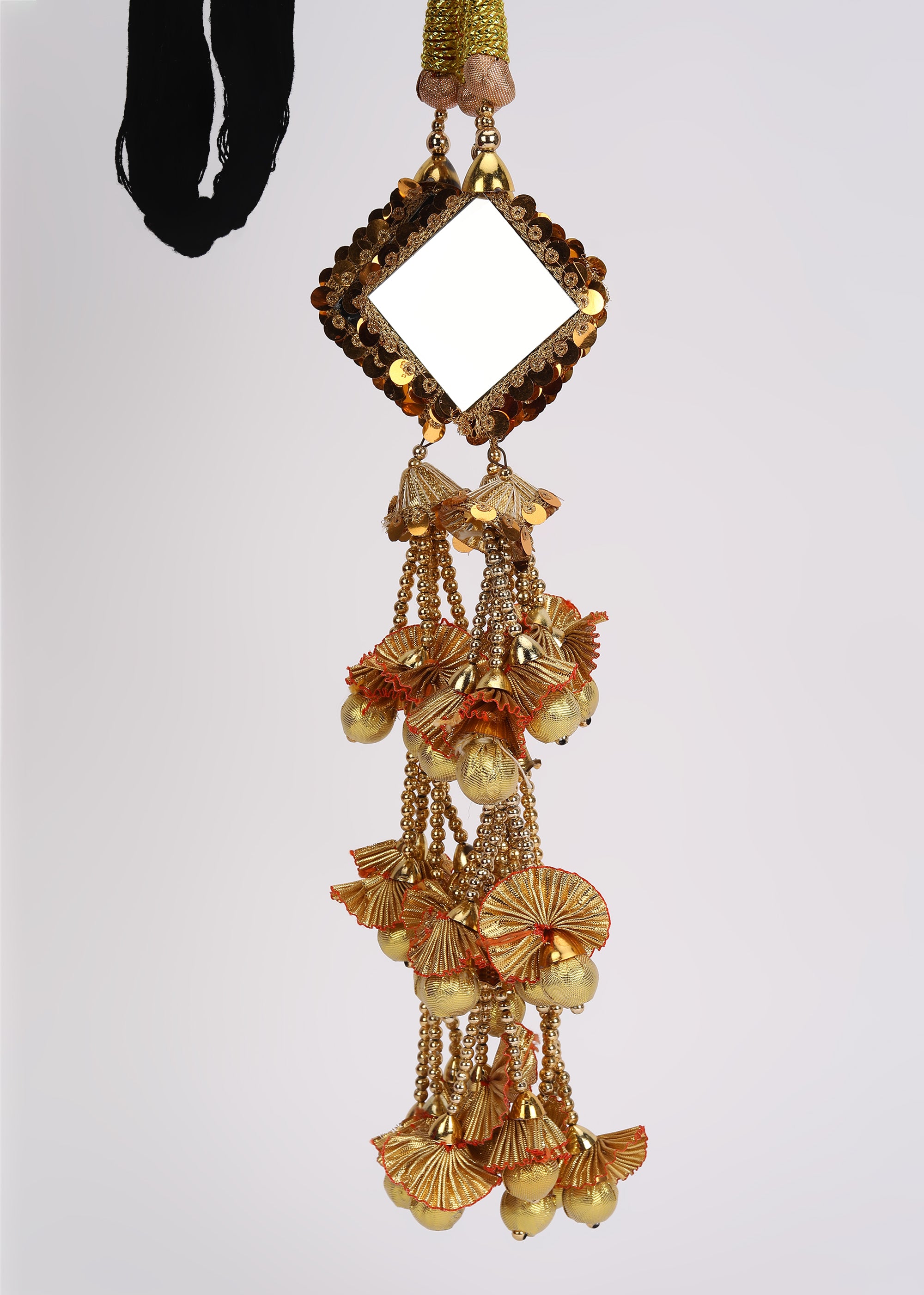 Heerify Heavy Golden Mirror Punjabi Paranda – Square Mirror Design with Gota Patti & Latkan Tassels | Patiala Shahi Parandi Hair Accessory