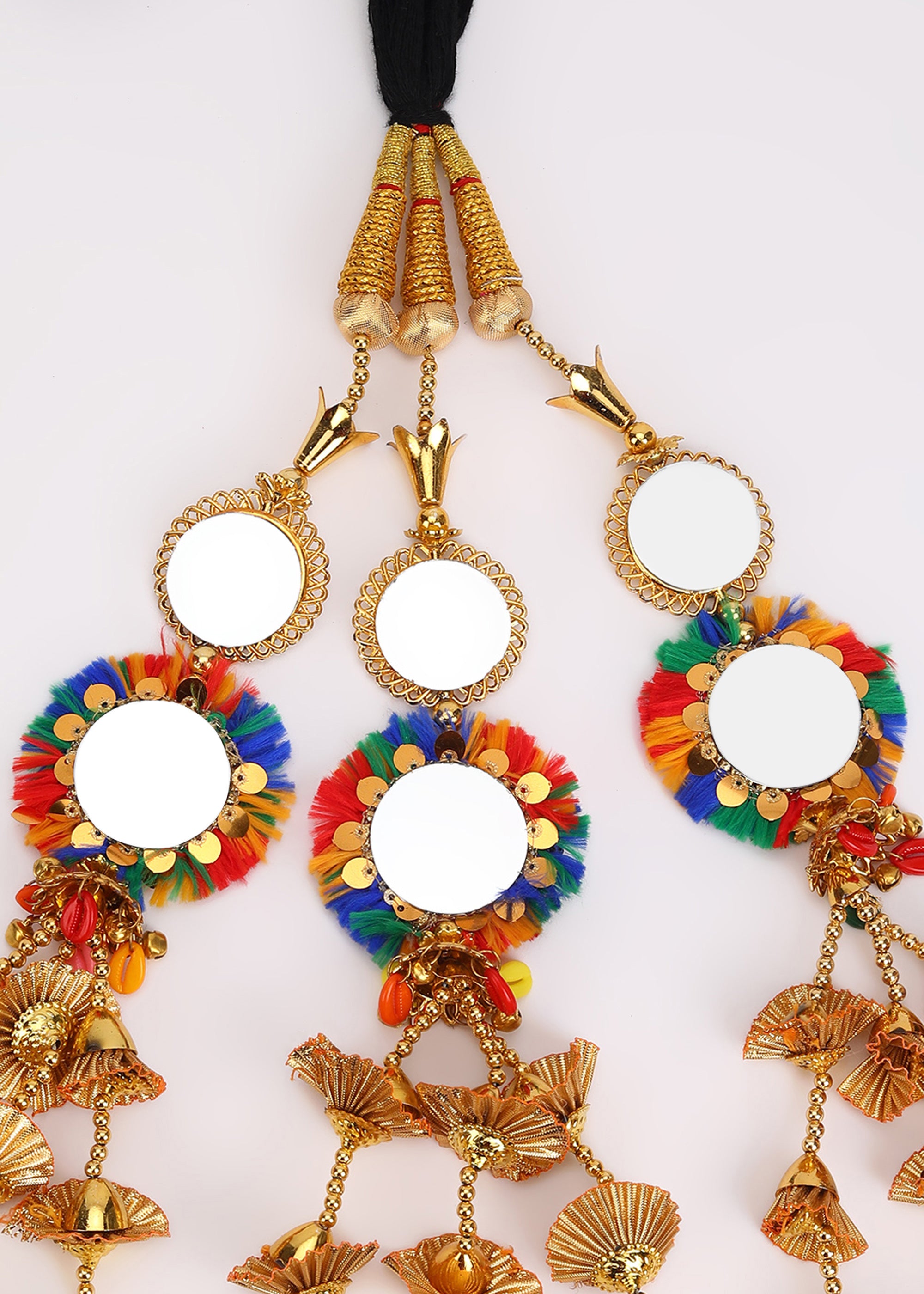 Heerify Colorful Mirror Punjabi Paranda – Multicolor Thread Work with Golden Jhumka Tassels | Patiala Shahi Parandi Hair Accessory